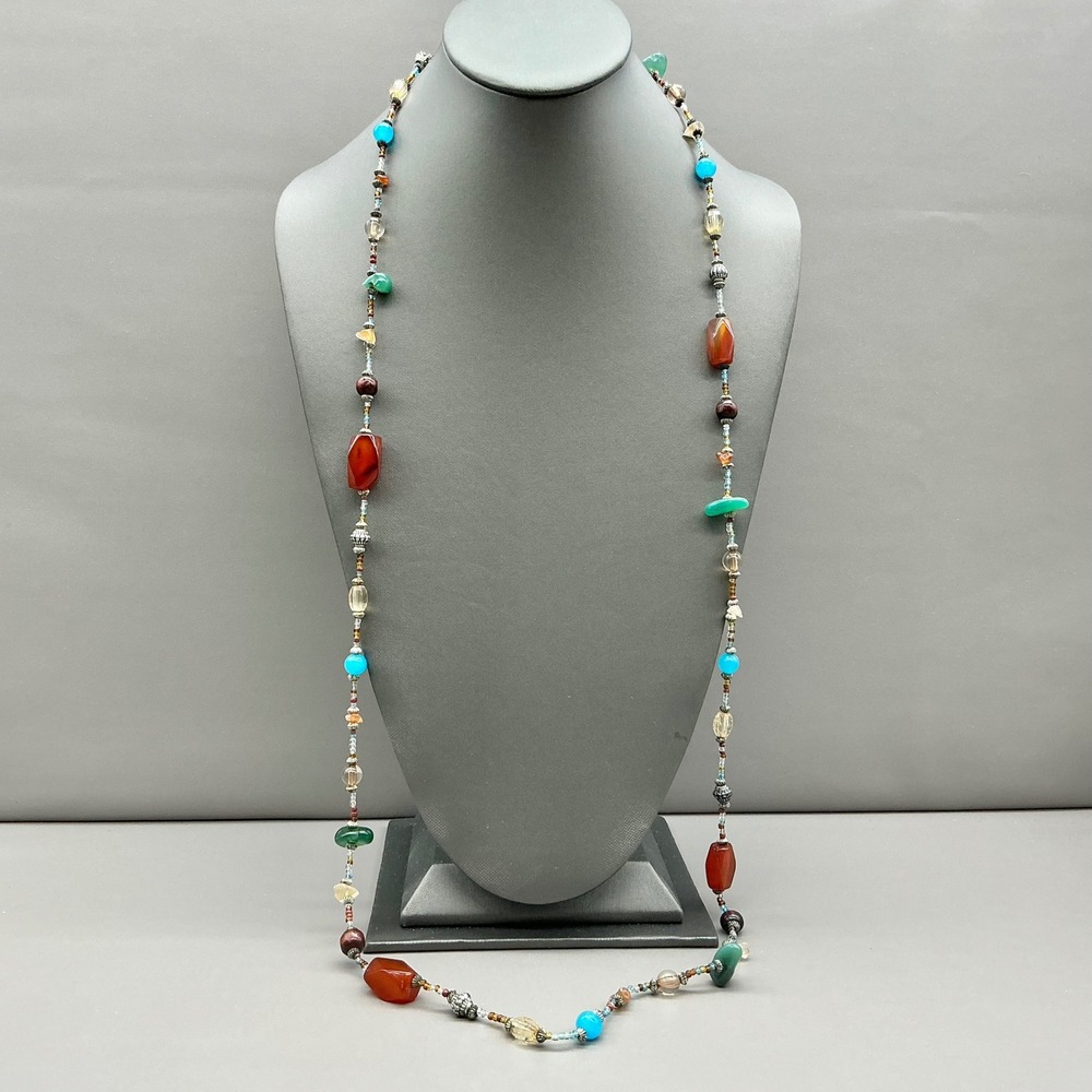 Beaded Long Strand Necklace Women Multicolor Boho Mixed Stone Glass Wood Fashion